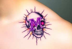 A distorted, disintegrating skull with a distorted "M" on it, surrounded by electric sparks in a mix of neon purple and yellow to create an eerie glow tattoo idea