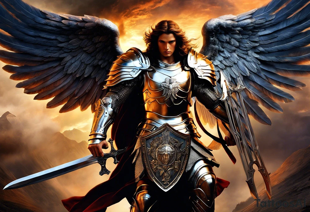 **Tattoo Design: Archangel Michael**

- **Central Theme**: Archangel Michael, majestic and powerful, stands ready with a raised sword, prepared to battle evil.
- **Appearance**: The figure of Archangel Michael depicted in full angelic armor, with majestic wings spread wide.
- **Expression**: His stance conveys strength, courage, and determination in defense of good.
- **Details**: Focus on intricate details such as facial features, armor embellishments, and the raised sword.
- **Background**: May be stylized as celestial, with rays of light or clouds, accentuating the divine presence of Archangel Michael.
- **Placement**: Intended for placement on the chosen body area, with the option to adjust the size according to personal preferences. tattoo idea
