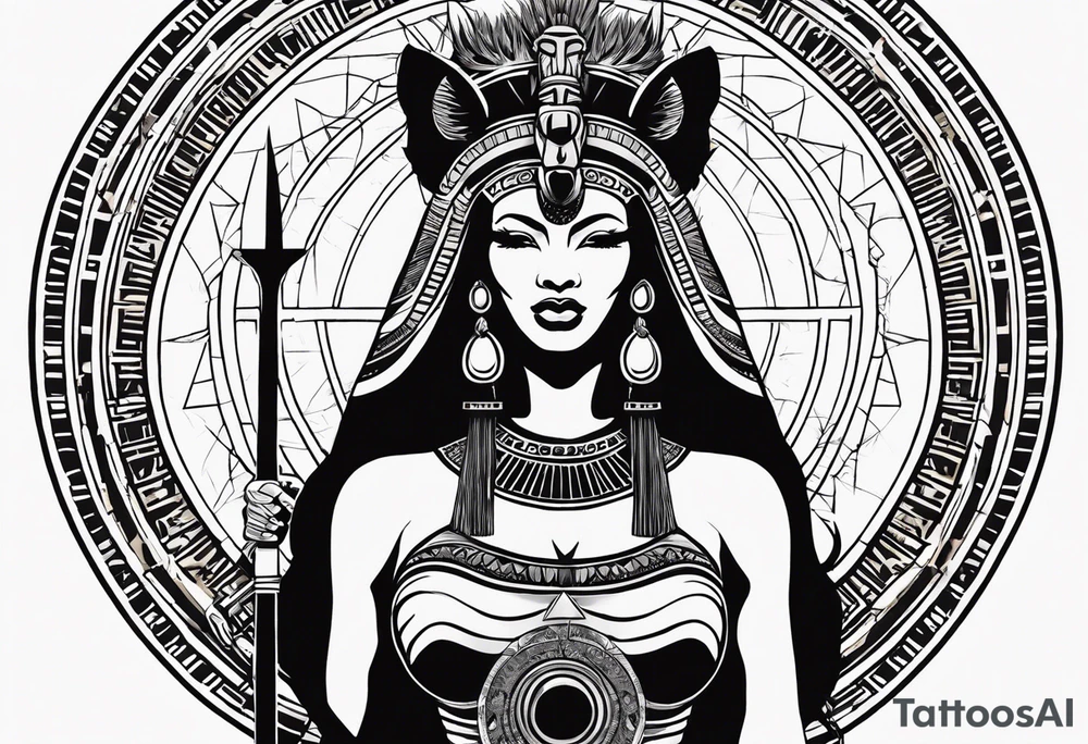 Full body from head to toe of Ancient Egyptian goddess sekhmet, lioness head with black sun disk above her head and woman's body. She looks straight ahead and ready for battle looking fearless and powerful holding an ankh in one hand and a papyrus sceptre in another, she has long hair flowing tattoo idea