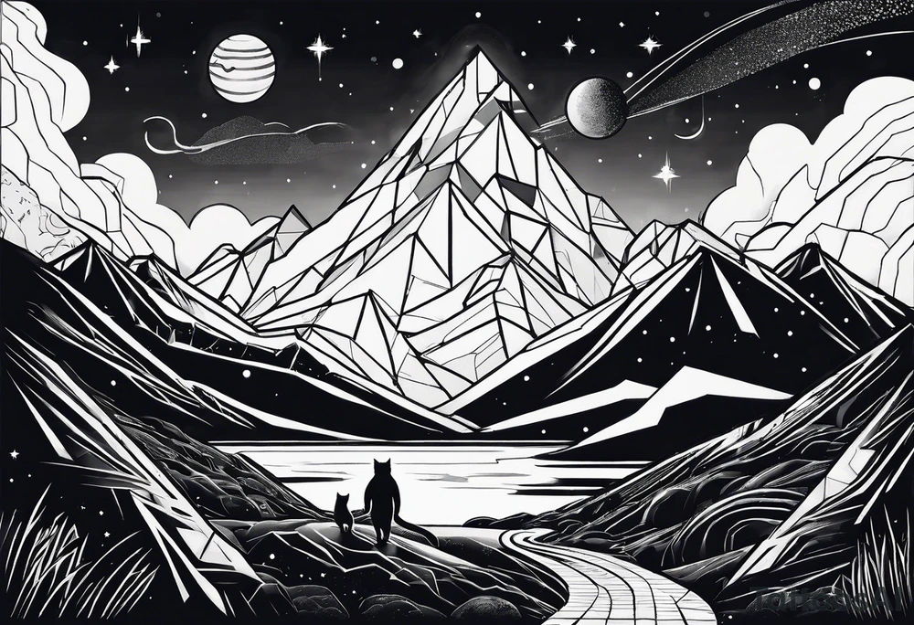 geometric mountain, space, cat in rocket tattoo idea geometric mountain, space, cat in rocket tattoo idea