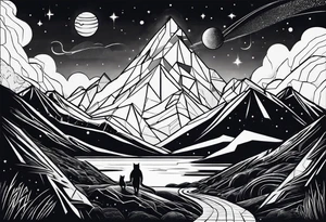 geometric mountain, space, cat in rocket tattoo idea