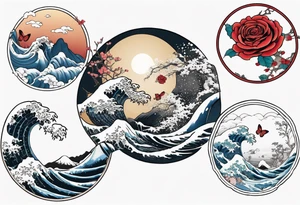 Filler Japanese or Chinese style background for traditional Chinese dragon, Hokusai great wave tattoo in a circle and a traditional rose and butterfly tattoo tattoo idea