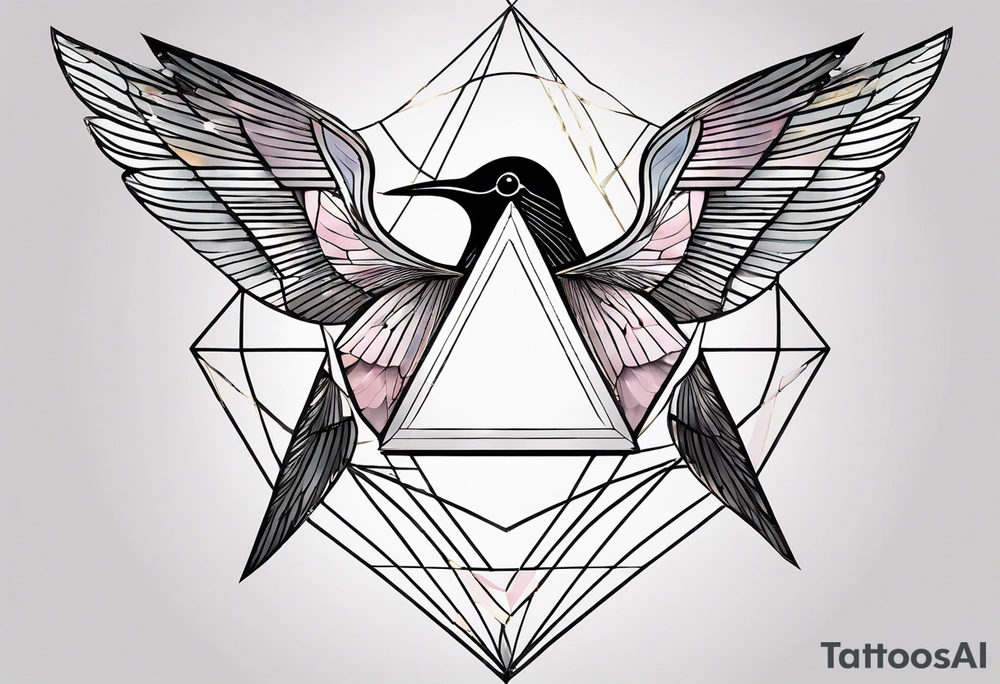 Geometric but feminine. Symbolic of connection, beauty in imperfection, femininity, duality within oneself, possibility, intuition, hope, joy, spirituality and resilience. Include double triangle, unclosed triangle (delta), triangle with black tip, crescent moon, unclosed circle completed with dots or broken line, hummingbird and swallow birds. tattoo idea