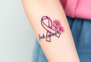 Breast Cancer ribbon that says "fuck cancer"with light pink roses tattoo idea