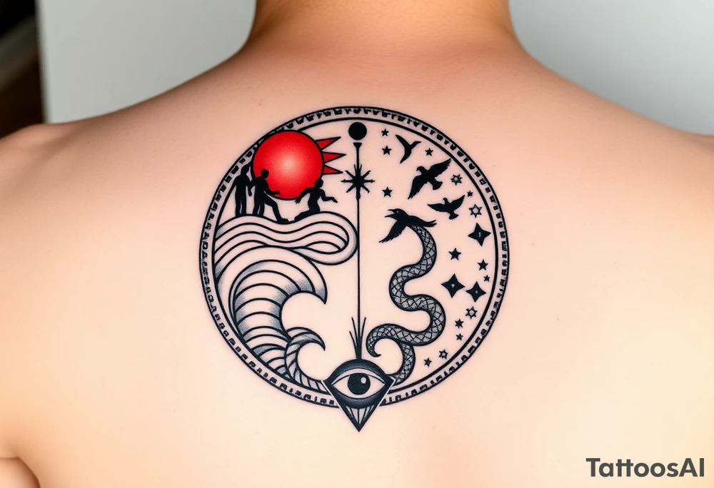 Circular Greek meander tattoo design for forearm, intricate black and red ink, symmetrical composition. Upper half (day): red sun with sharp rays, stylized running human silhouettes, geometric waves, flying birds. Lower half (night): black crescent moon, stars, ouroboros snake eating its tail, meditating figures. Hidden symbolic elements: small all-seeing eye, minimalist Tree of Life woven into the pattern. Stylized as ancient Greek pottery meets sacred geometry, high contrast line art, clean sharp lines, no shading, no background. Perfect tattoo stencil, mystical and balanced tattoo idea