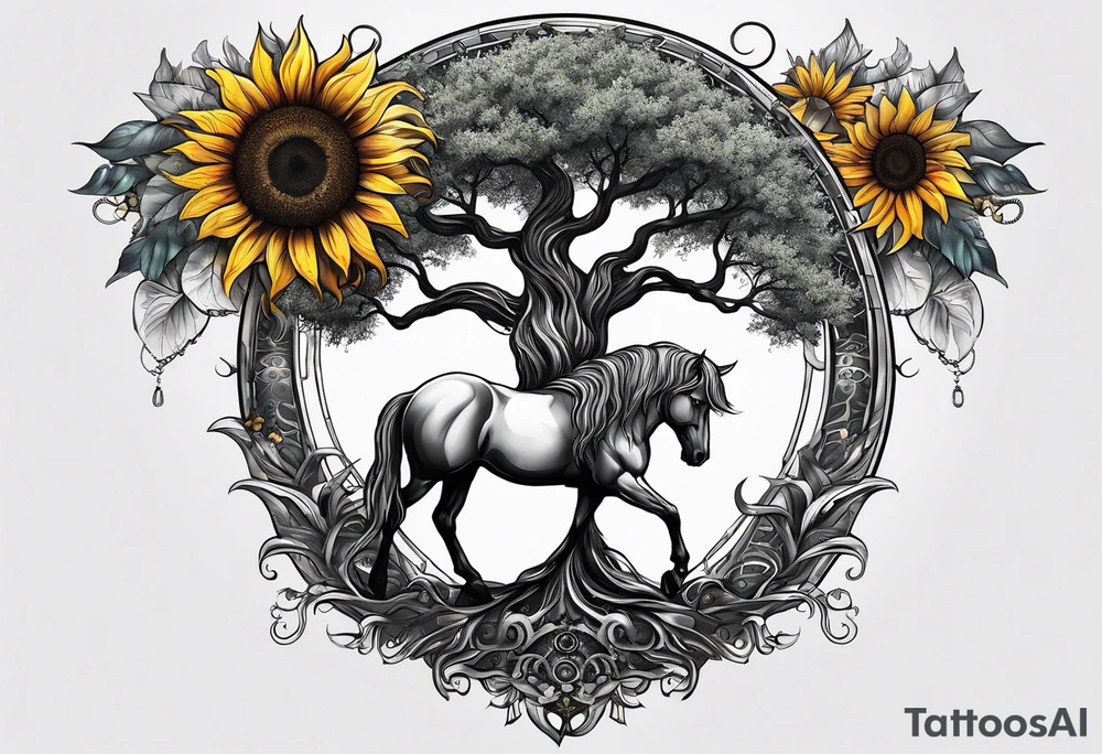 Yggdrasil tree, horse, sunflower tattoo idea