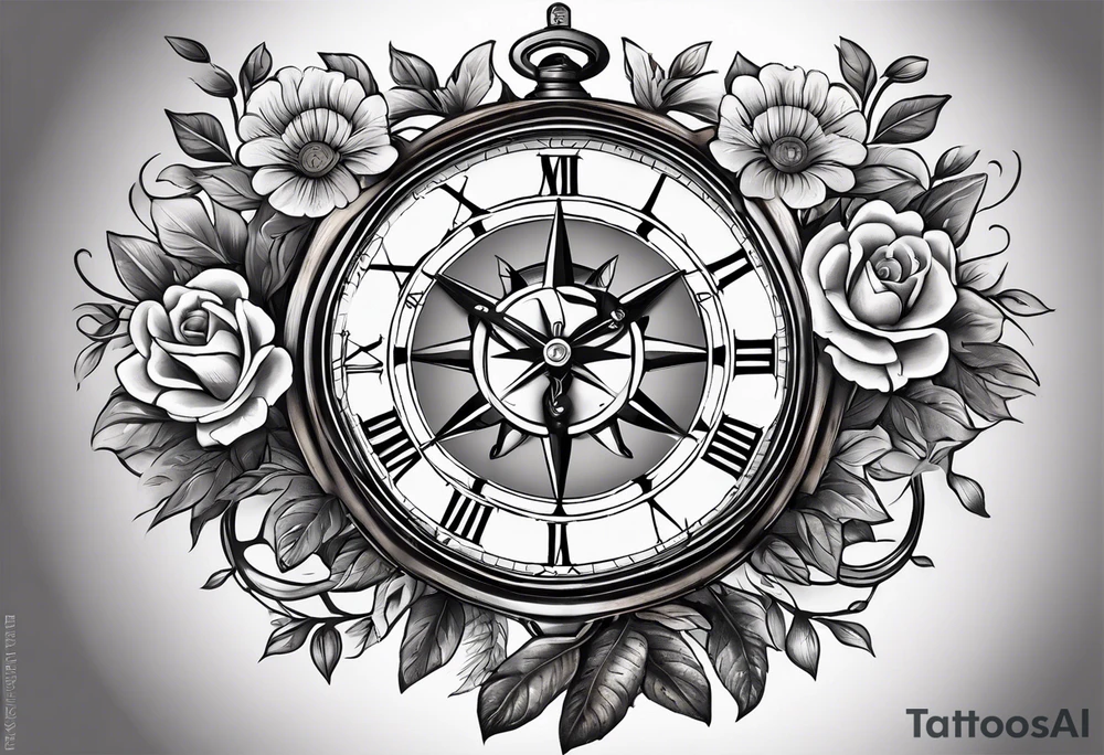 combination of a nautical compass and a old school clock face, with a doctor bird, tree of life and decorated with lignum vitae flowers, 3/4 sleeve on arm, flowing all together tattoo idea