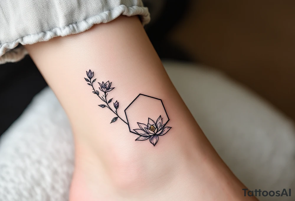 Leo sign, larkspur and water lily surrounded by a hexagon tattoo idea