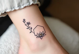 Leo sign, larkspur and water lily surrounded by a hexagon tattoo idea