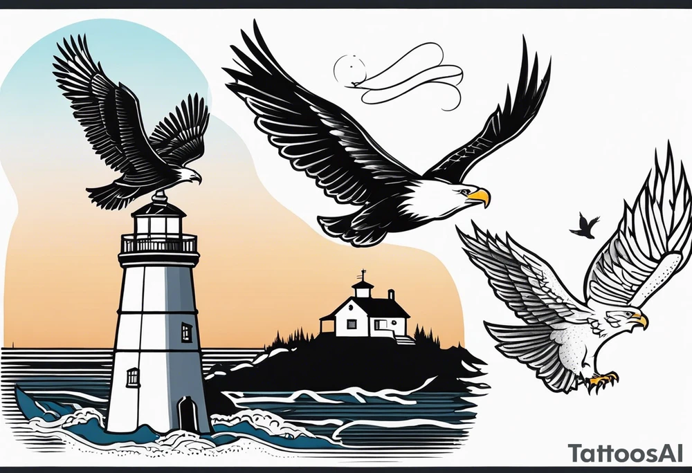 lighthouse, eagle and ribbon tattoo idea