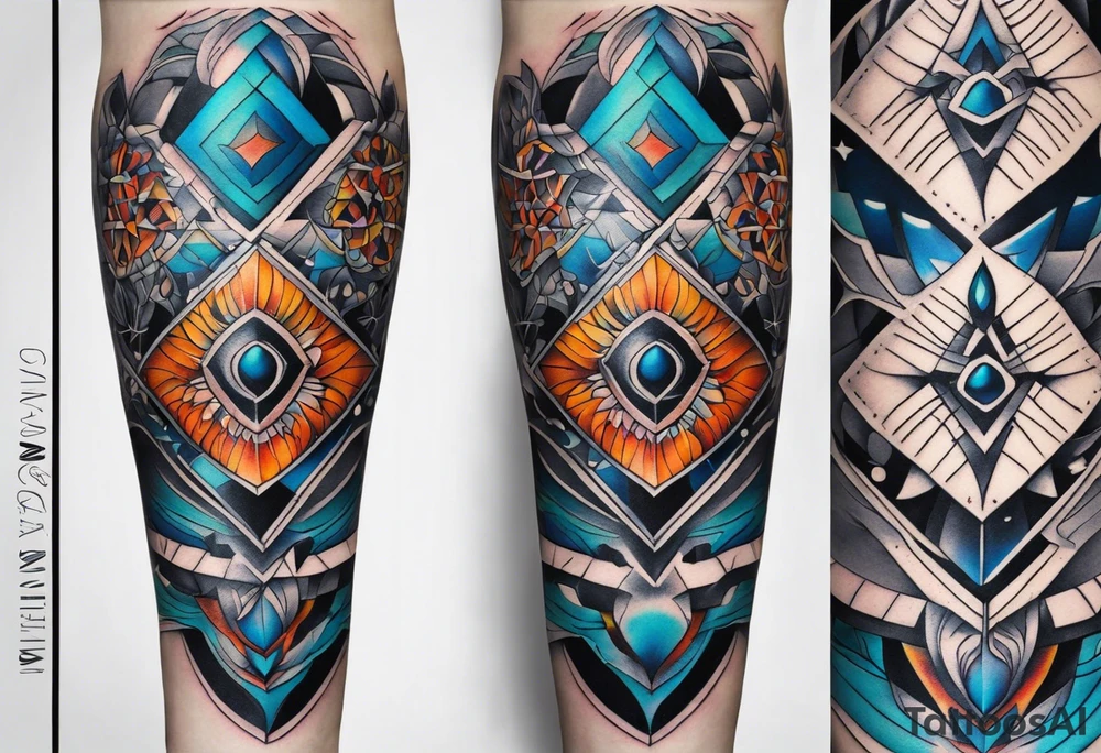 semi Detailed neo traditional knee tattoo flat on paper. The tattoo features geometric patterns and bold lines, creating a visually striking design with slight tints of deep fall colors. outside the tattoo features deep blues washes and water swirls tattoo idea
