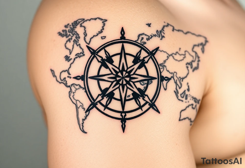 antique compass rose overlaid on weathered world map with sailing ships tattoo idea