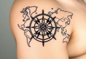 antique compass rose overlaid on weathered world map with sailing ships tattoo idea