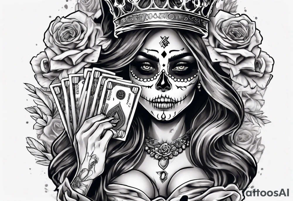 santa la muerta with money and crown
on the card tattoo idea