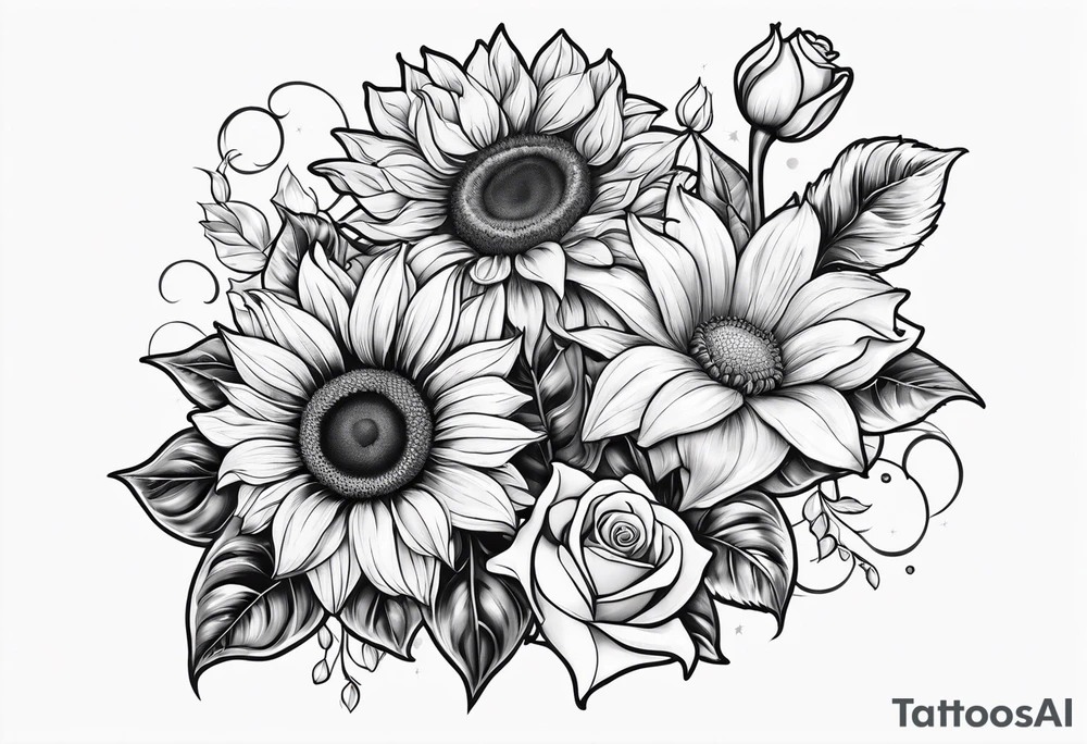 Sunflower, Rose, Lily tattoo idea