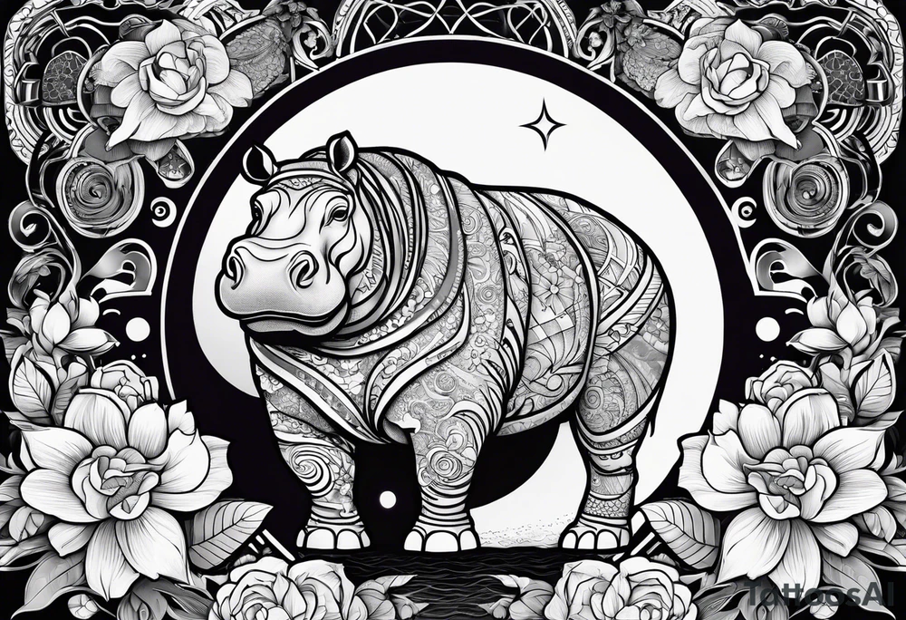 Hippo, flowers, moon, interstella, artic surreal,
Extreme fine lines, tribal, geometric, japanese, artistic tattoo idea