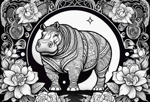 Hippo, flowers, moon, interstella, artic surreal, 
Extreme fine lines, tribal, geometric, japanese, artistic tattoo idea
