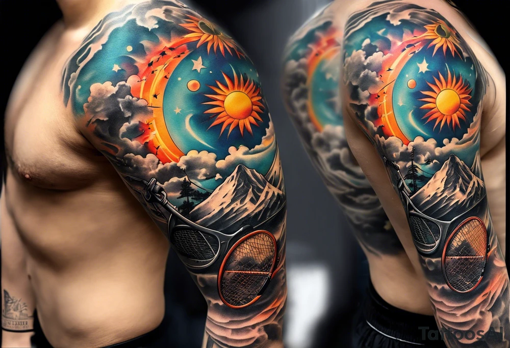 Arm tattoo sleeve include ak-47, tennis racket, fitness, motivational quote, sun, tattoo idea