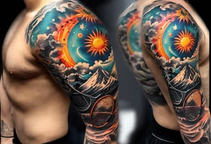 Arm tattoo sleeve include ak-47, tennis racket, fitness, motivational quote, sun, tattoo idea