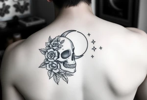 Feminie floral skull lovers moon and stars tattoo idea