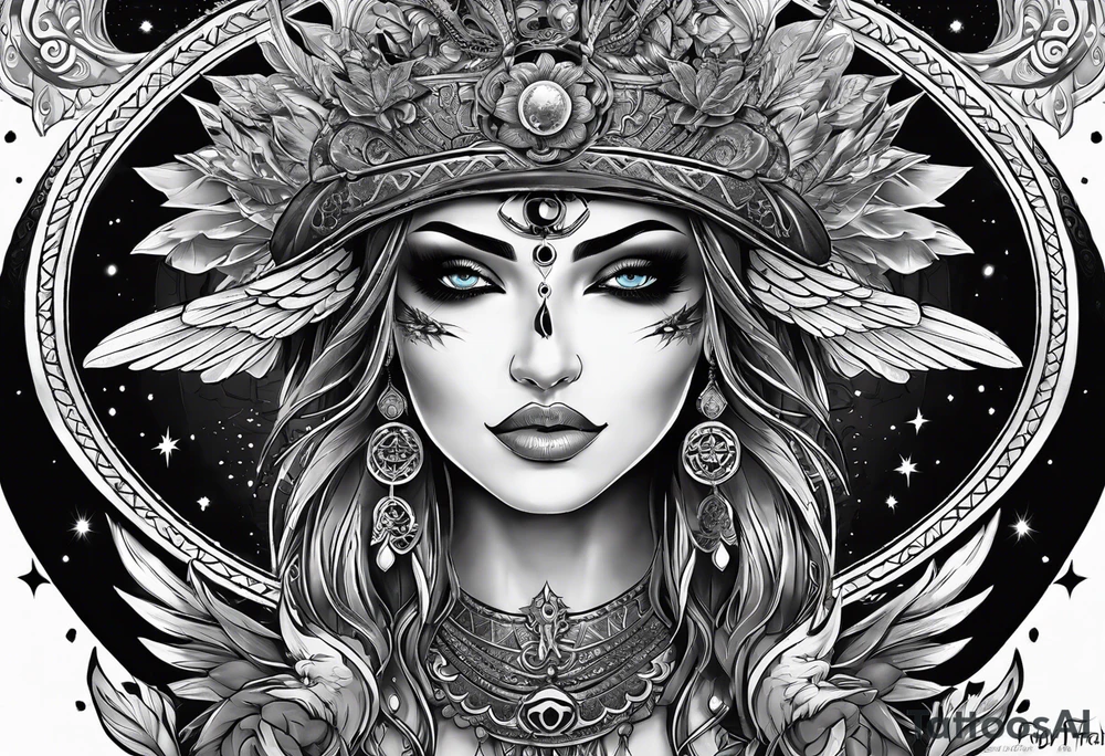 black kali, goddess pirate, alien, angel, pachamama, valkrye, warrior, skull, lotus azul, wing, eagle, zenza resonance, stars, 5D, anahata chakra tattoo idea