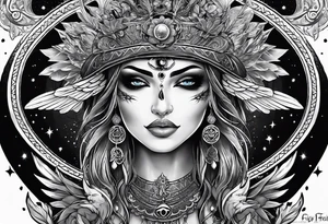 black kali, goddess pirate, alien, angel, pachamama, valkrye, warrior, skull, lotus azul, wing, eagle, zenza resonance, stars, 5D, anahata chakra tattoo idea
