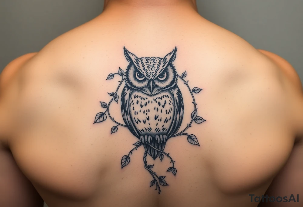 Vine wrapped around owl to where you can barely see the owl 333 in vine tattoo idea