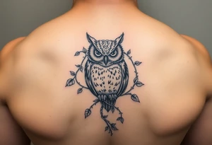 Vine wrapped around owl to where you can barely see the owl 333 in vine tattoo idea