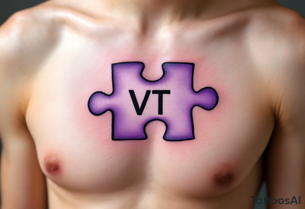 A puzzle piece in pastel purple with the daughter’s initials VT inside, symbolizing how she completes your heart. tattoo idea