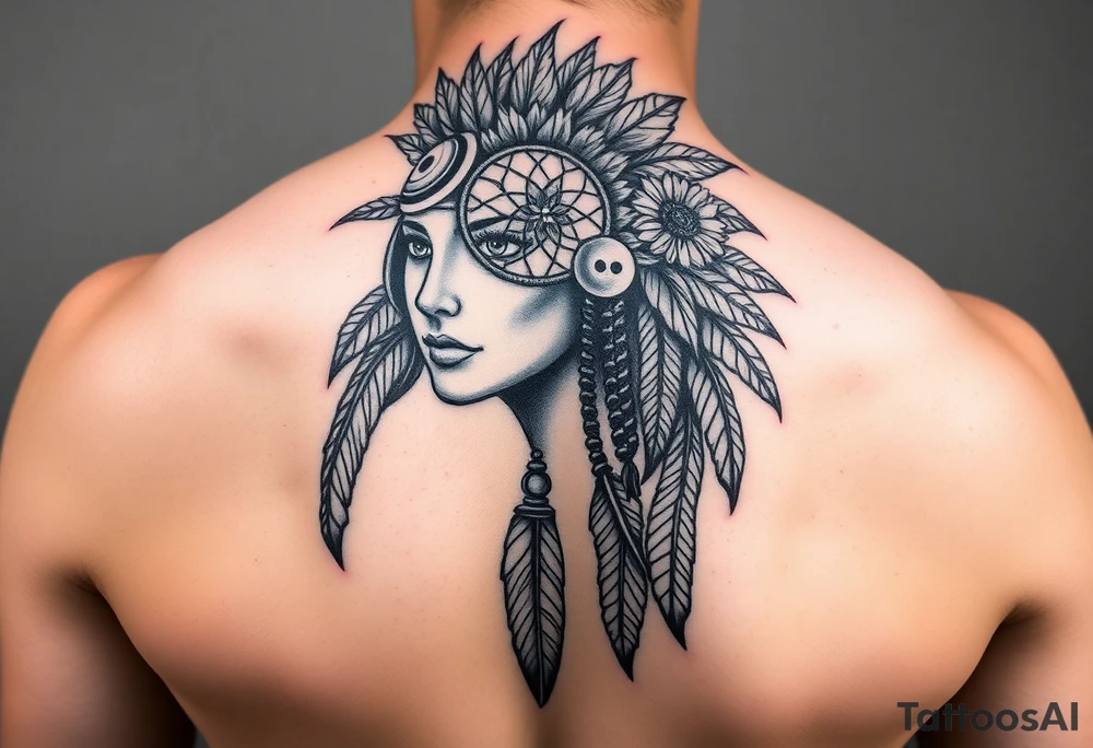 Native american medusa with black eyes, dream catcher on her forehead, and feathers and sunflowers in her hair tattoo idea