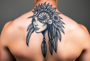 Native american medusa with black eyes, dream catcher on her forehead, and feathers and sunflowers in her hair tattoo idea