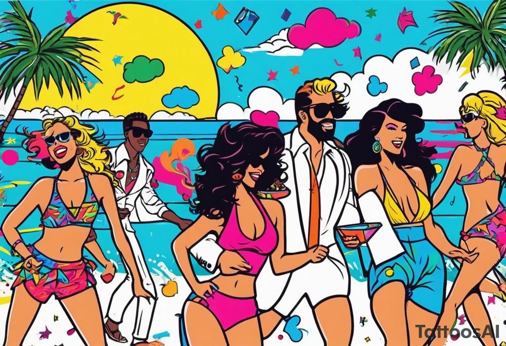 1980's miami vice style beach dance 
party, include confetti, music notes, boom box, bikinis tattoo idea