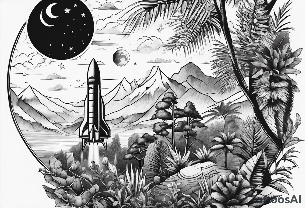 simple jungle, rocket, moon tattoo idea