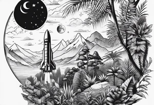 simple jungle, rocket, moon tattoo idea