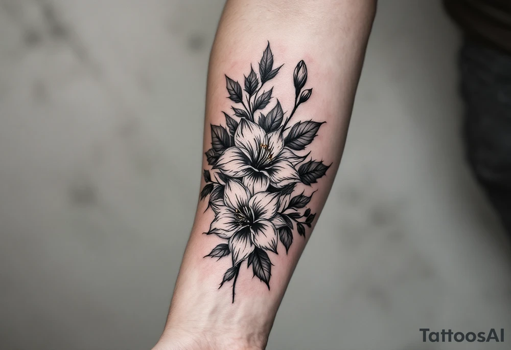 1 black band with roman numerals circuling near elbow and 1 black band lower forearm, both with roman numerals in them. between the black bands fill the space with narcissus flowers and holly tattoo idea