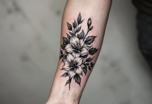 1 black band with roman numerals circuling near elbow and 1 black band lower forearm, both with roman numerals in them. between the black bands fill the space with narcissus flowers and holly tattoo idea