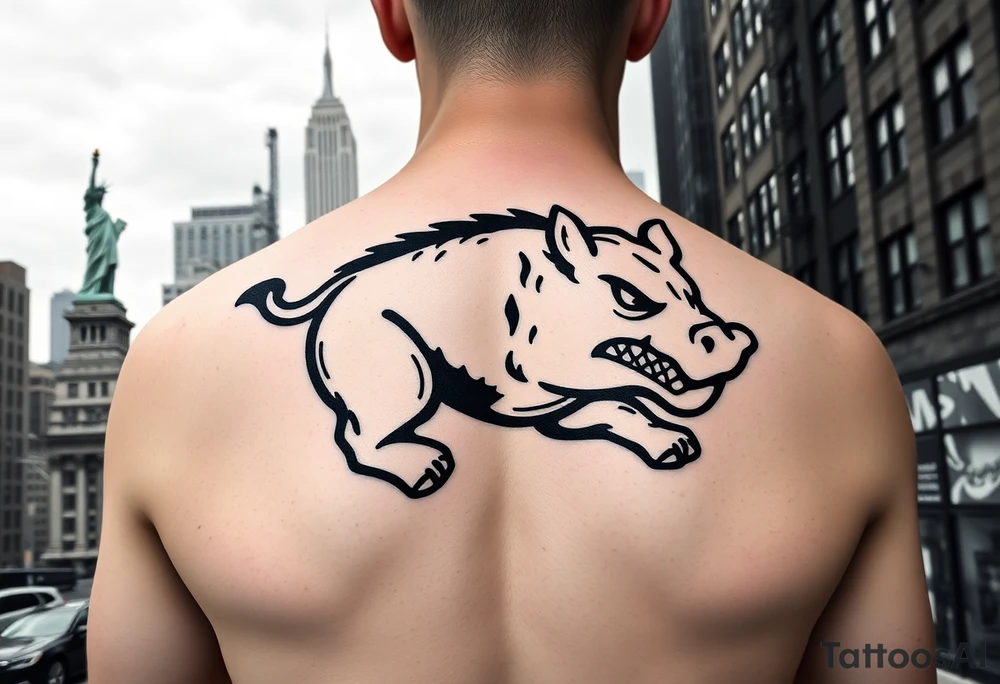 Arkansas razorback logo running through the streets of New York City towards me head on with the Statue of Liberty in the background and Empire State Building tattoo idea