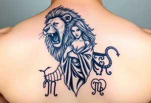 Roaring Leo lion holding virgo woman with robe and wavy hair, add Sagittarius female and Capricorn male below these tattoo idea