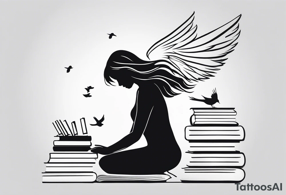 Kneeling Girl with angel wings, side profile, holding a stack of books that are open with silhouettes of birds flying out of them. Smaller and more  minimalistic. Thinner lines tattoo idea