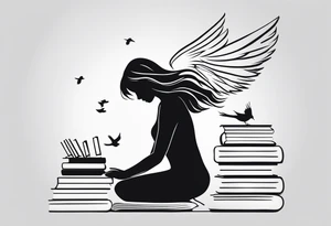 Kneeling Girl with angel wings, side profile, holding a stack of books that are open with silhouettes of birds flying out of them. Smaller and more  minimalistic. Thinner lines tattoo idea