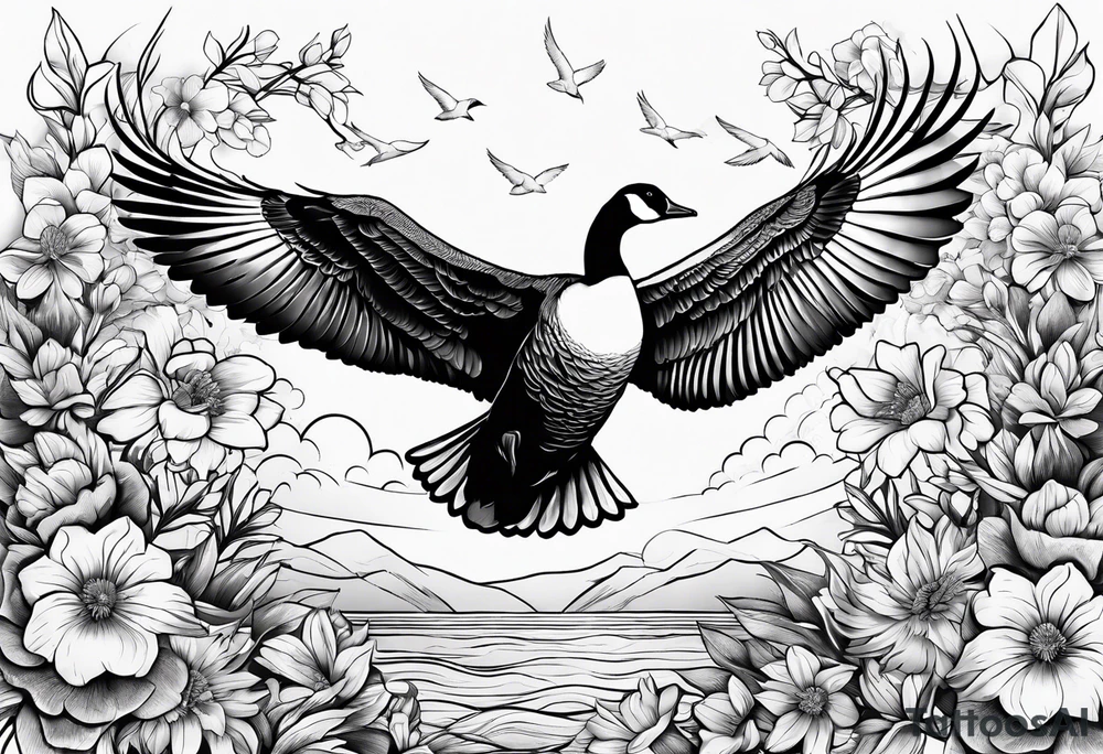 canadian goose taking off flowers Background tattoo idea