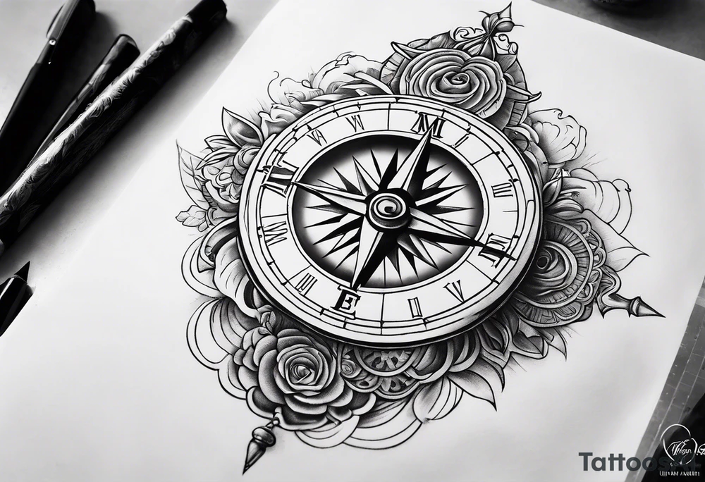 Upper arm sleeve time compass god life love tattoo idea