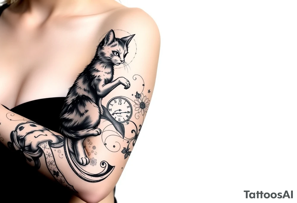 alice in womderland the chestire cat mad hatter and clock tattoo idea