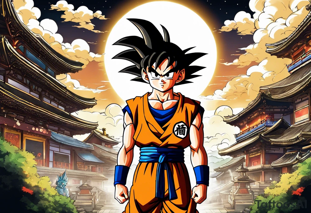 Son-Goku as a child in the foreground and an older version of him as a super saiyajin behind him. A huge dragonball surrounds the whole scenery. Fokus friends are behind him as shadows tattoo idea