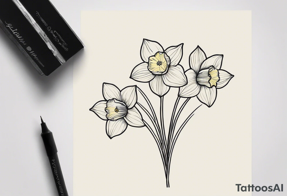 A minimalist tattoo design: Two daffodil flowers drawn with yellow lines, both blossoming from a single stem. The stem of the daffodils extends downward and is designed to form the word ‘muadil’ in cursive handwriting, so that the stem and the writing appear as a unified whole tattoo idea
