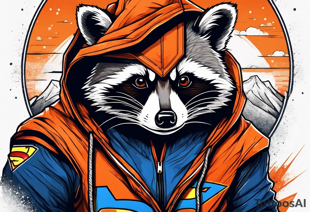 Raccoon wearing an orange Superman hoodie tattoo idea