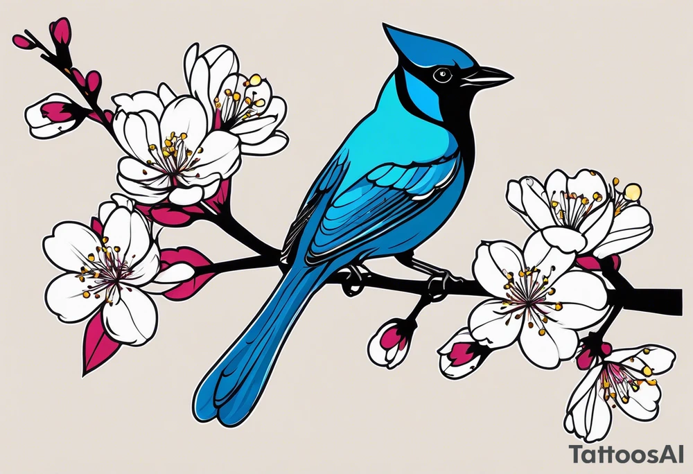 Stellar’s Jay bird on cherry blossoms tattoo for arm tattoo idea