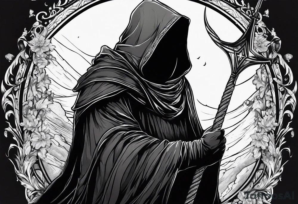 Hooded figure with no face carrying staff and wearing a long tattered cloak tattoo idea