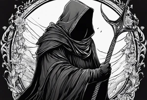 Hooded figure with no face carrying staff and wearing a long tattered cloak tattoo idea
