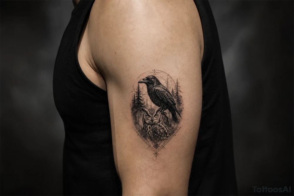 Detailed raven and owl in a dense, foggy forest, photorealistic style. tattoo idea